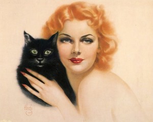 Рыжая девушка с черным котом