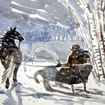 Сани запряженные лошадью у зимнего леса