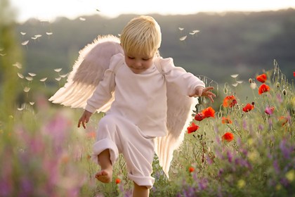 ребенок-ангел среди цветов