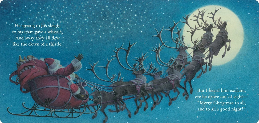 Санта-Клаус в санях летящий по небу 